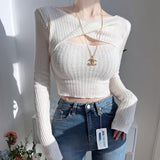 Lubintang Knitted Kink Hollowed-Out Long-Sleeved Blouse 2024 Fall Women's Fashion Leisure Slim Bottomed Shirt