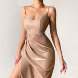 Lubintang Spring Style Glitter Sexy Deep V Sling Dress Forked Style Long Dress For Women