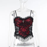 Lubintang Dark Wind Halloween New Lace Mesh Halter Top Personality Cross Vest Girl