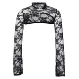 Lubintang Horn Sleeve Black Collar V Inner Blouse The Court Tight Long-Sleeved Perspective Lace Bottomed Shirt