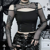 Lubintang Punk Style Hollowed-Out Long-Sleeved Women's Blouse With A New Sexy Waist Mesh Mesh In The Fall Of 2024