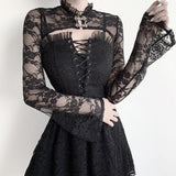 Lubintang Horn Sleeve Black Collar V Inner Blouse The Court Tight Long-Sleeved Perspective Lace Bottomed Shirt