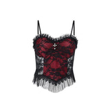 Lubintang Dark Wind Halloween New Lace Mesh Halter Top Personality Cross Vest Girl