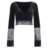 Lubintang Long-Sleeved Bottomed Shirt Sexy Perspective Navel T-Shirt Ins Lace Flared Sleeve Slimming Blouse