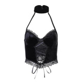 Lubintang Dark Lace Lace Suede Sling Neck Top 2024 Winter Sexy Vest