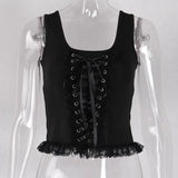 Lubintang Summer New Black Vest Ins Square Collar Knitted Lace Sleeveless Halter Top