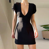 Lubintang Sexy V Collar Waist Shows Thin Short-Sleeved Dress Temperament Slim Casual Pure Color Hip Skirt Woman