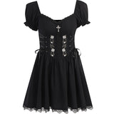 Lubintang Cross Print Strap Shoulder Lace Spliced Dress Dark Sexy Slim Princess Dress