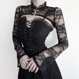 Lubintang Horn Sleeve Black Collar V Inner Blouse The Court Tight Long-Sleeved Perspective Lace Bottomed Shirt