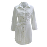 Lubintang Popular Style Summer Belt Cardigan Solid Color Pull-Sleeved Shirt Dress