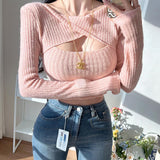 Lubintang Knitted Kink Hollowed-Out Long-Sleeved Blouse 2024 Fall Women's Fashion Leisure Slim Bottomed Shirt