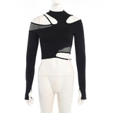 Lubintang Autumn New Sexy Hollowed-Out Slim Long-Sleeved Street Trendsetter Asymmetrical Mesh Stitching Blouse Girl