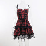 Lubintang Dark Wind Summer New Gothic Plaid Style Girdle Waist-Deep V Suspender Dress Woman