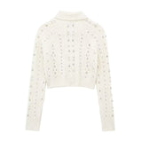 Lubintang Spring Style Beaded Diamond Lapel Knitted Sweater Short Coat 4331141