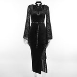 Lubintang Autumn Style New Style Slim Velvet Dress With Dark Goth Horn Sleeves Tied With Forks