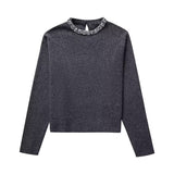 Lubintang Spring Style Neckband Diamond Trim Round Collar Pullover Loose Sweater 5755005