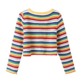 Lubintang Rainbow Striped Round Neck Knitted Cardigan Short Sweater In Summer