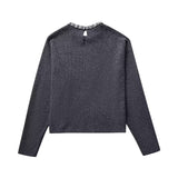 Lubintang Spring Style Neckband Diamond Trim Round Collar Pullover Loose Sweater 5755005