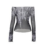 Lubintang Summer 2024 New Punk Spice Girl Shoulder Printing Net Yarn Long-Sleeved Bottom Shirt Sunscreen Shirt Girl