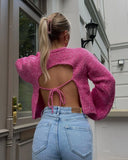 Lubintang Inspired Knitted Open Back Balloon Sleeve Sweater round neck pink sweater women autumn winter sweaters jumper for women