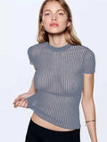 Lubintang Wool Chic White Elegant Striped See Through Women Tops Outfits Short Sleeve T-Shirts Tees Skinny Club Party Clothes