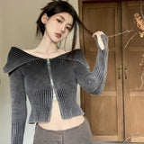 Lubintang Sexy Off Shoulder Sweaters Women Autumn Slim Fit Double Zipper Knitted Cardigan Y2k E-Girl Long Sleeve Tops Mujer