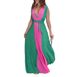 Lubintang Female Fashion Contrast Color Sexy V-Neck Pleated A-Line Prom Dress 2024 New Spring Summer Sleeveless Party Maxi Dresses