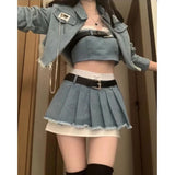 Lubintang Chic Fashion Women Streetwear Y2k Denim Jackets+Sexy Strapless Tube Tank Top+HIgh Waist Pleated Mini Skirts 3 Set Mujer