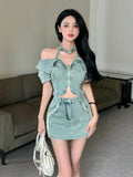 Lubintang Chic Fashion Halter Slash Neck Sexy Short Sleeve Y2k Crop Tops + Slim All Match Dresses Streetwear 2 Sets Ropa Mujer