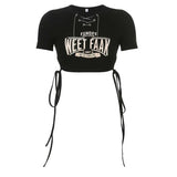 Lubintang Chic Fashion Women Summer Vintage Chain V Neck Drawstring Slim Waist Letter Print T-Shirt Streetwear Y2k Crop Top Mujer