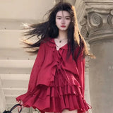 Lubintang V-neck Ruffles Long Sleeve Tops Women+ Y2k E-Girl High Waist Ruched A-line Skirts Spring New Red Two Piece Sets