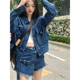 Lubintang 3 Set Roupas Femininas Vintage Long Sleeve Women Jean Jackets Chic Fashion+Short Length Pants+All Match Leg Warmer