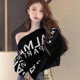 Lubintang Lazy Letter Print Sweaters Mujer Autumn Slash Neck Knitted Tops Women Y2k E-Girl Long Sleeve Bottoming Pullovers