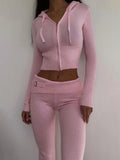 Lubintang Women Spring Outfits Casual Zipper Sweater Hoodie Set High Waist Flare Pants Suits Pink Knitted Womens Y2k Two Piece Set