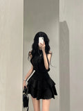 Lubintang Off Shoulder Sleeveless Halter Black Tops Women+ Y2k E-Girl High Waist Ruched Skirts 2024 Summer New Two Piece Sets