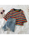 Lubintang Rainbow Stripe Women Summer T-Shirt Minimalist Short Sleeve Women clothes Tops tee shirt couple clothes tshirt top