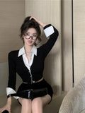 Lubintang Fake Two Piece Slim Fit Long Sleeve Shirts for Women+ Y2k E-Girl High Waist Bodycon Skirts 2024 Autumn Sets