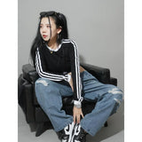 Lubintang Chic Fashion Women Y2k Long Sleeve T-Shirt Jazz Sports Cropped Striped Contrast Color Slim Streetwear Casual Top Mujer