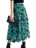 Lubintang Women¡¯s Mesh Tulle Long Skirt Vintage High Waist Flocked Floral Print Midi A-line Skirt Streetwear