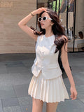 Lubintang 2024 Summer New Elegant O Neck Sleeveless Cardigan Vest Women + High Waist Pleated A-line Skirt Set Two-piece Suit