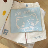 Lubintang Kawaii Cat Print O-neck BaBy Blue T-shirts Summer Loose Oversize Cotton Tops Women Y2k Grunge Shoirt Sleeve Tee Shirt