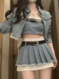 Lubintang Chic Fashion Women Streetwear Y2k Denim Jackets+Sexy Strapless Tube Tank Top+HIgh Waist Pleated Mini Skirts 3 Set Mujer