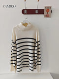 Lubintang New Autumn Winter Sweater Classic Style Loose Striped Turtleneck 100% Cashmere Pullover Tops Women's Sweater Pull Femme