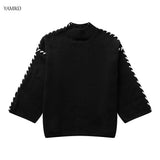 Lubintang Sweater Autumn Round Neck Pullovers Sweater Warm Knitted Chic Contrast Color Splicing Thread Sweater Jumpers Tops