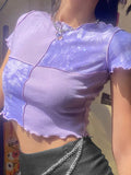 Lubintang Crop Tops Tees Tie Dye With Sequin Patchwork Women Summer T-shirts Ruffles Hem Purple Or Bule Clothes