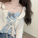 Lubintang Candy Color Crop Top Women Japanese Lolita Sweet Tank Boe Ruffle Short Tee Shirt All Match Cute s 2024