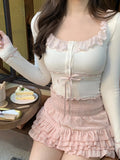 Lubintang Kawaii Lolita Two Piece Set Women Summer Sweet Cute Cake Skirt Suit Female Lace Elegant Blouse + Korean Mini Skirt 2024