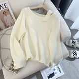 Lubintang Pink Crop Knit Off Shoulder Sweater Top Women Korean Autumn Loose Oversize Pullover High Quality Youth Elegant Knitwear