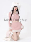 Lubintang Pink Kawaii 2 Piece Set Women Fluffy Design Sweet Skirt Suit Female Korean Rabbit Ear Hoodies + Slim Mini Skirt Set 2024