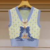 Lubintang Chic Fashion Women 2 Set Sweet Preppy Style V Neck Bow Rabit Embroidery Knit Vest+Eelgant Vintage Solid Shirt Top Mujer